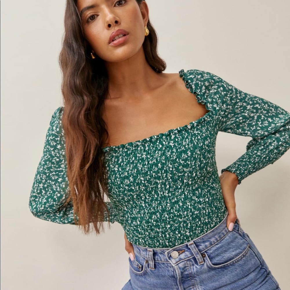 Reformation Green Floral Smocked Square-Neck Blouse